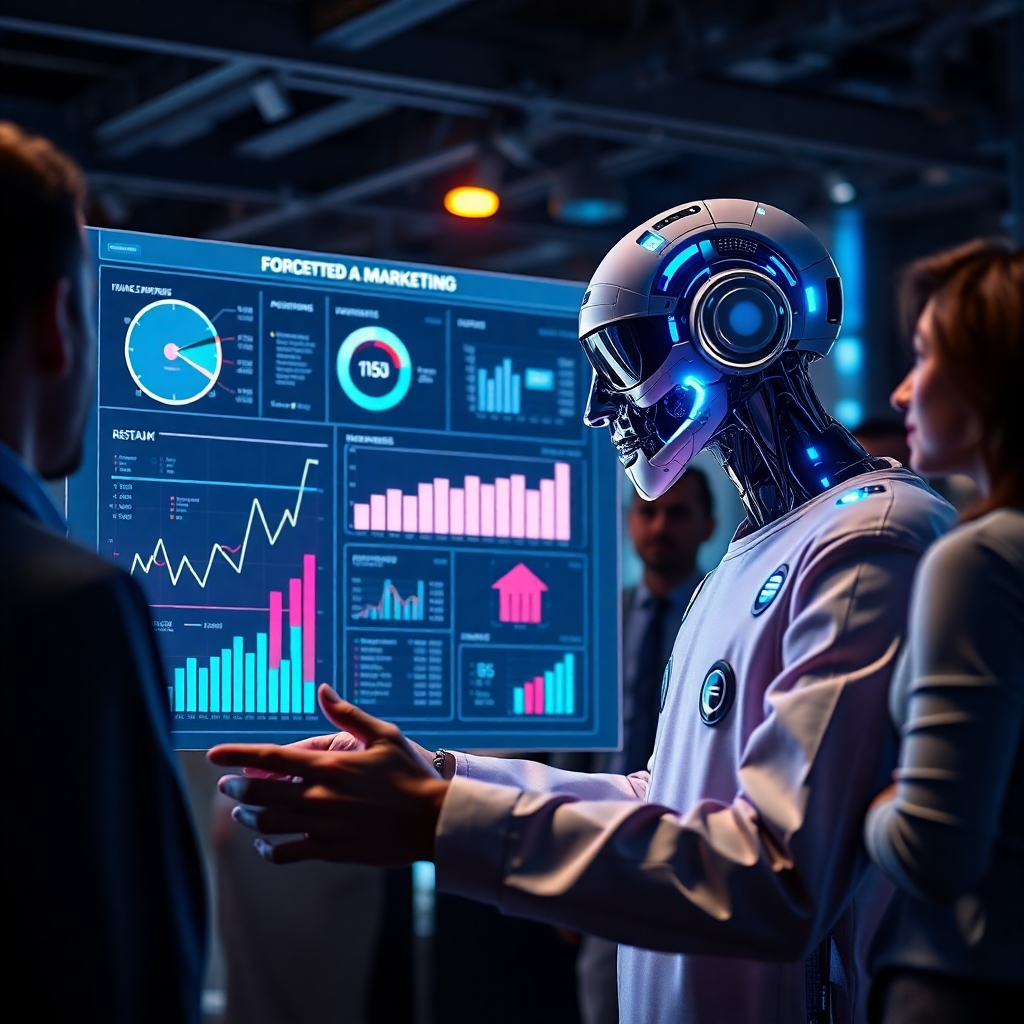 A high-tech digital marketing scene featuring an AI virtual agent analyzing consumer data on a futuristic interface, with graphs and charts displaying targeted marketing analytics. A diverse group of professionals observes, all engaged in a collaborative environment.