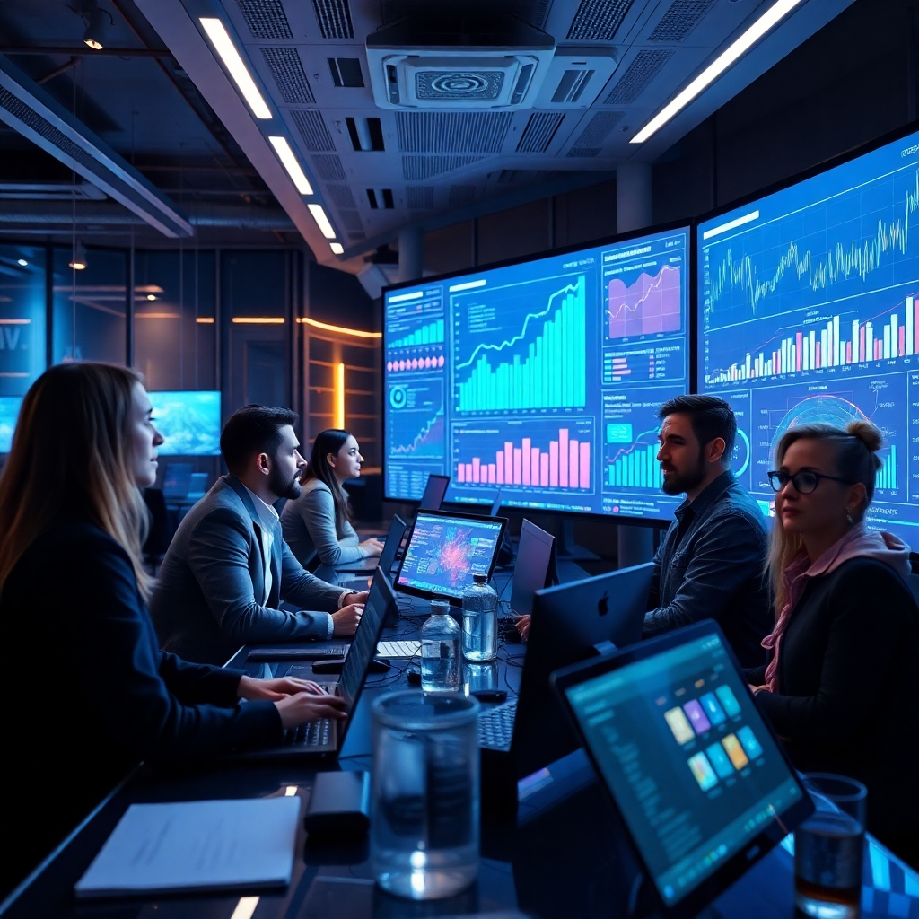 A high-tech office environment where a team of AI-driven marketing specialists analyze data on large screens. The atmosphere is dynamic, with futuristic technology visuals, graphs, and charts indicating growth and success. The team appears diverse and engaged.