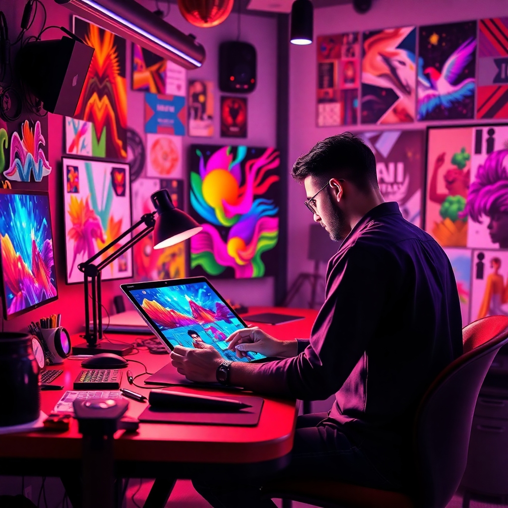 A hyper-realistic digital illustration of a creative workspace, featuring a designer focused on creating vibrant and captivating images. Tools like tablets and colorful graphics surround the space. The atmosphere is lively and inspiring, showcasing an explosion of colors.