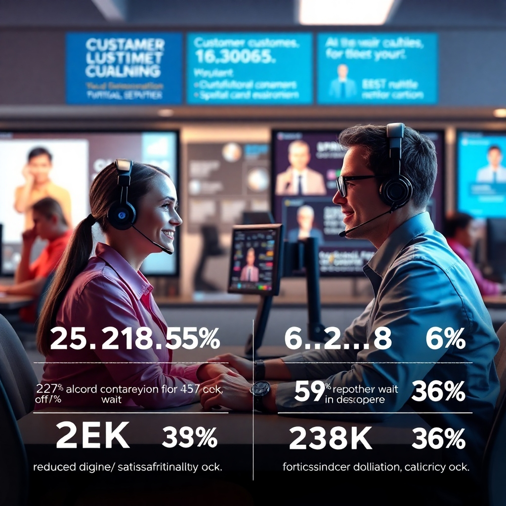A modern customer service center with AI assistants, represented by digital avatars interacting with customers via screens. Visuals show satisfied customers and efficient responses being provided, with infographics showcasing reduced wait times and higher satisfaction rates.