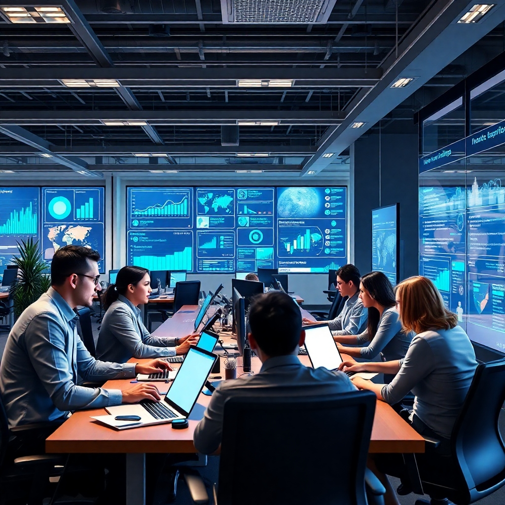 A modern office environment depicting a diverse team working collaboratively with digital interfaces, showcasing AI virtual agents assisting them. Elements like charts, graphs, and automated notifications highlight efficiency and productivity.