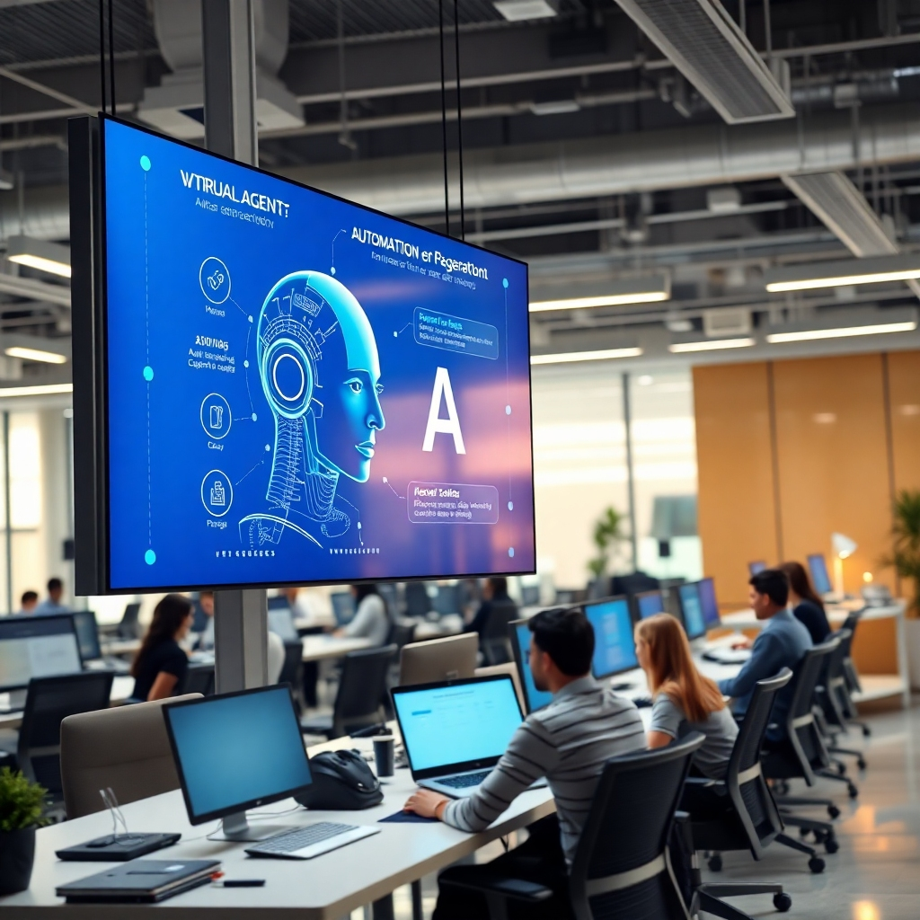 A modern office environment showing an AI virtual agent on a large screen, automating tasks. The background showcases employees efficiently working alongside advanced technology. The atmosphere is productive, bright lights, and a contemporary design emphasizing teamwork and innovation.