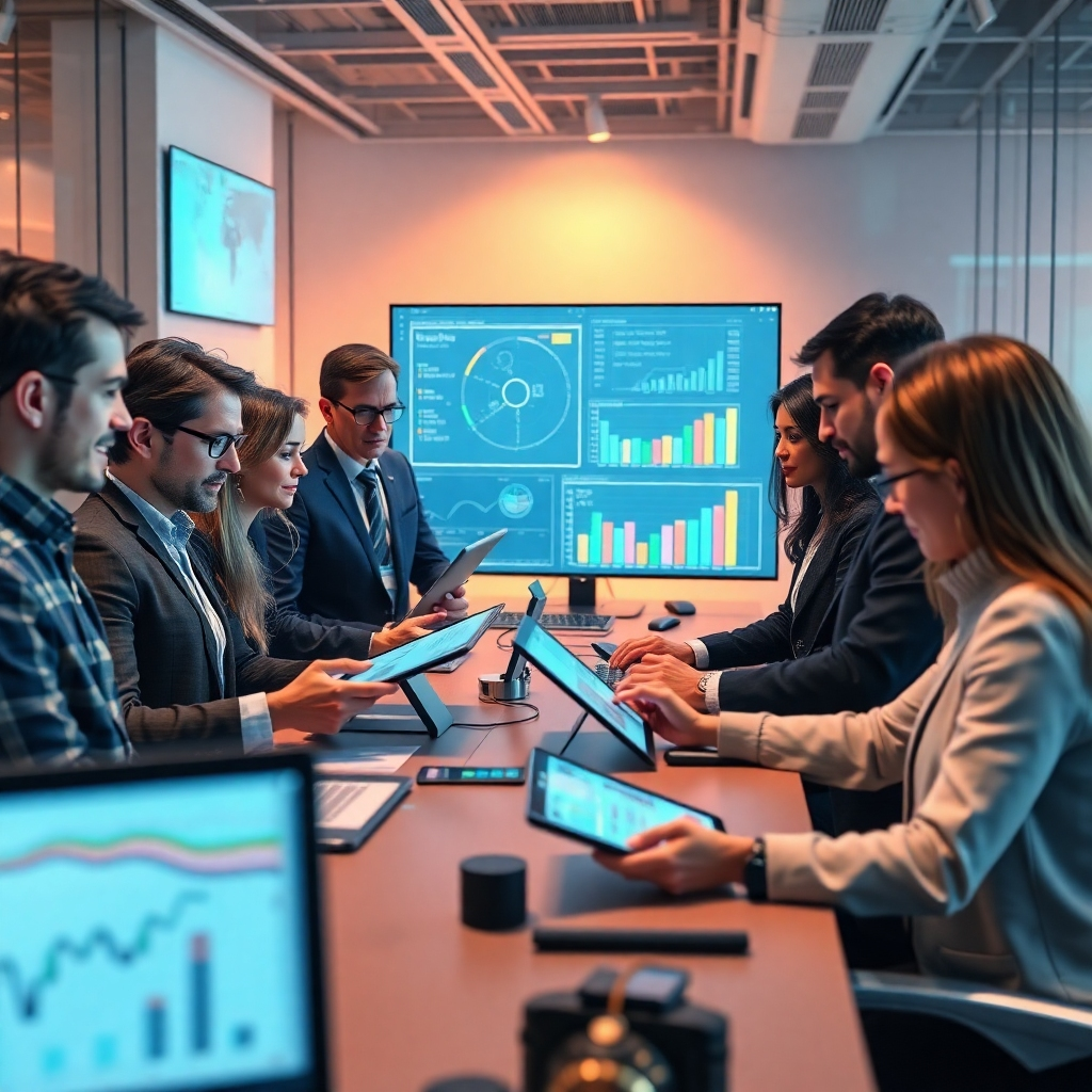 A modern office environment showing a diverse group of HR professionals using AI-powered software on tablets and computers, surrounded by charts and graphs illustrating process optimization, with a futuristic yet warm ambiance.