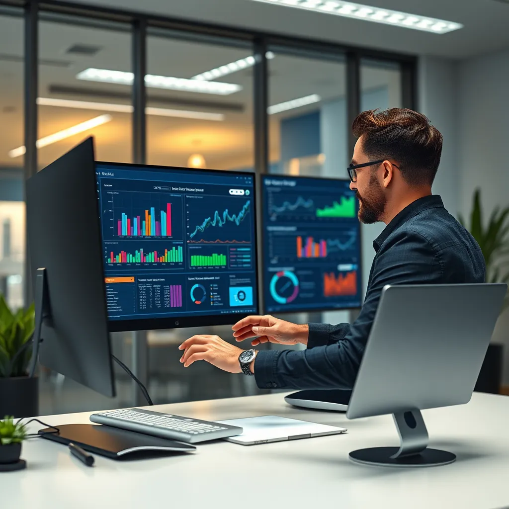 A modern office environment where a business owner customizes an AI interface on a sleek computer. Include a large screen displaying graphs and analytics, showcasing the flexibility of AI solutions, with a focus on user-friendly design and vibrant colors.