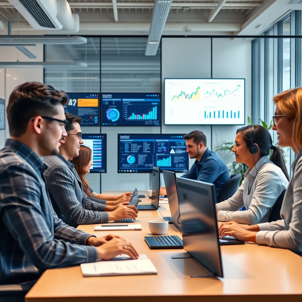 A modern office environment where a diverse team of professionals utilizes advanced AI technology to automate business tasks. The scene should showcase screens displaying analytics, marketing dashboards, and customer support interfaces, conveying a sense of efficiency and teamwork.