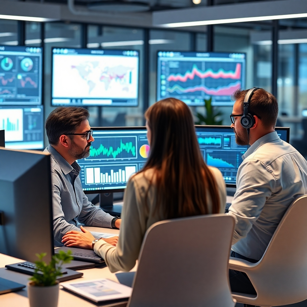 A modern office environment where human resources professionals are using advanced AI software on their computers, showing automated processes like scheduling and data analysis. Include charts and graphs on monitors, and staff collaborating around a digital interface.