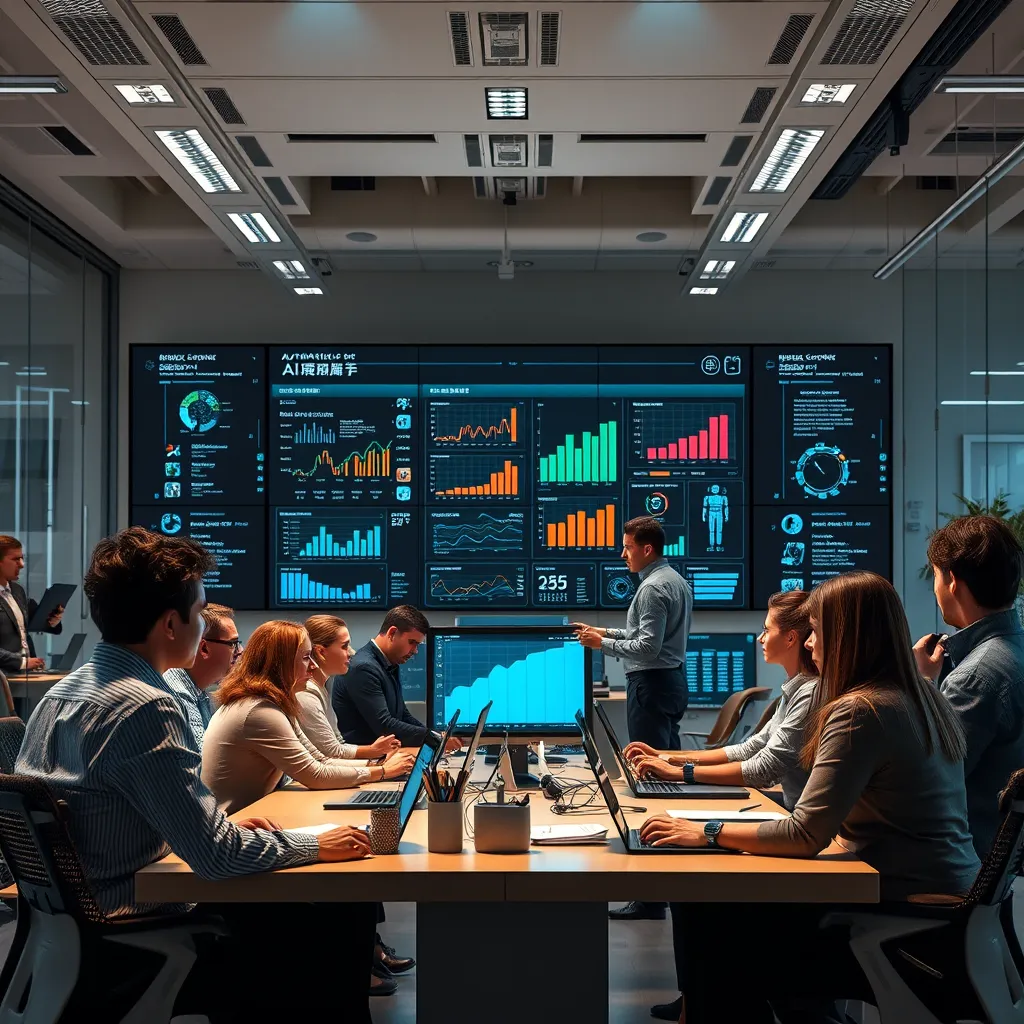 A modern office environment with diverse professionals collaborating. A large screen displays automated workflows, showing graphs and metrics. Include elements of AI like chatbots assisting employees. The atmosphere should be dynamic and futuristic.