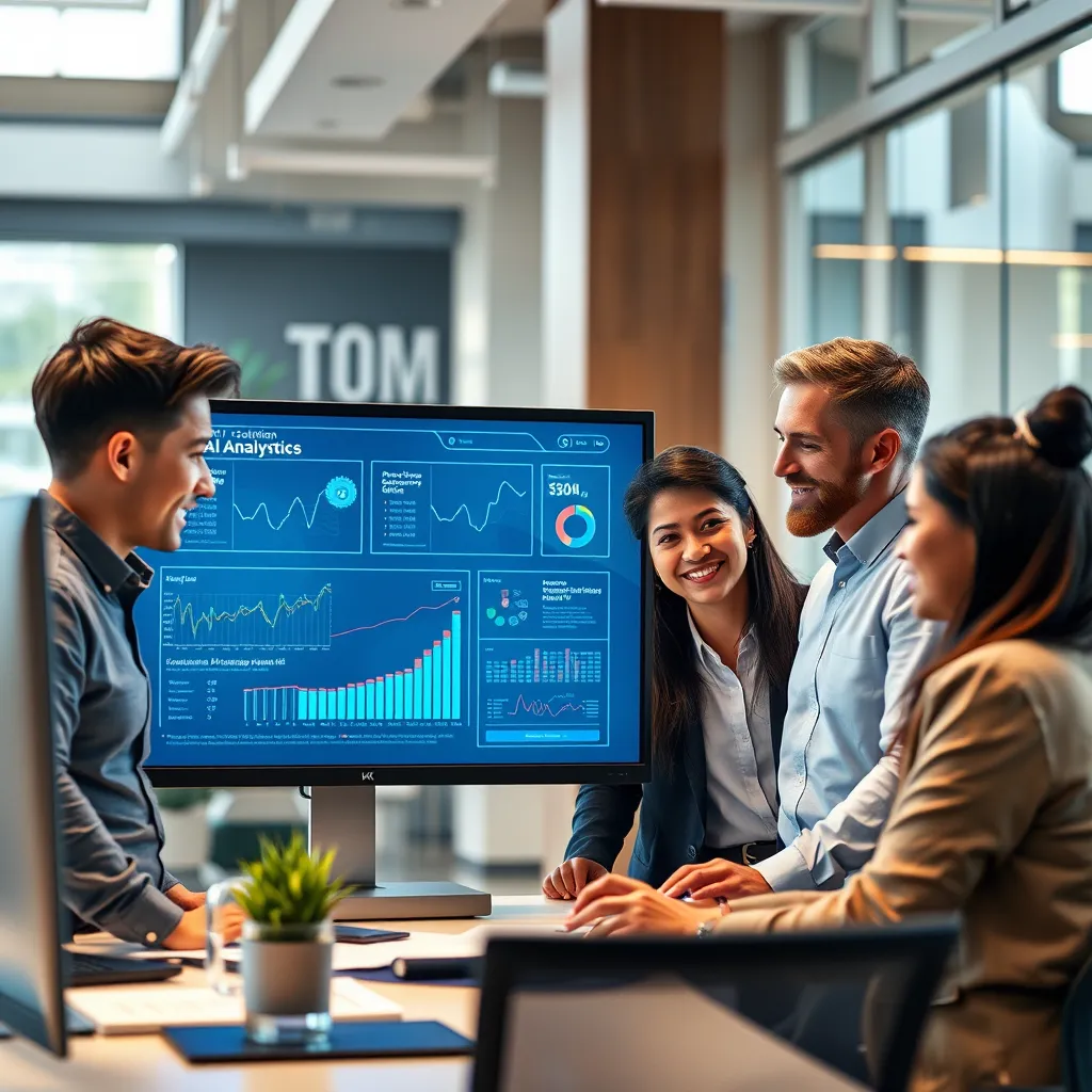 A modern office setting with a diverse group of professionals collaborating around a digital screen displaying data analytics and AI solutions, showcasing a seamless integration of technology in business processes, with a bright and engaging atmosphere.