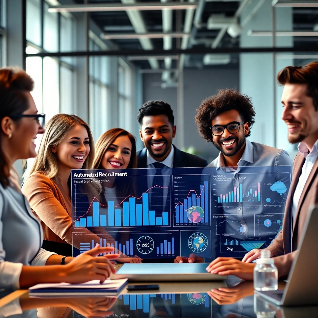 A modern office setting with a diverse group of professionals collaborating over a digital interface showcasing automated recruitment metrics, AI algorithms visually represented, and enthusiastic expressions reflecting success and innovation.
