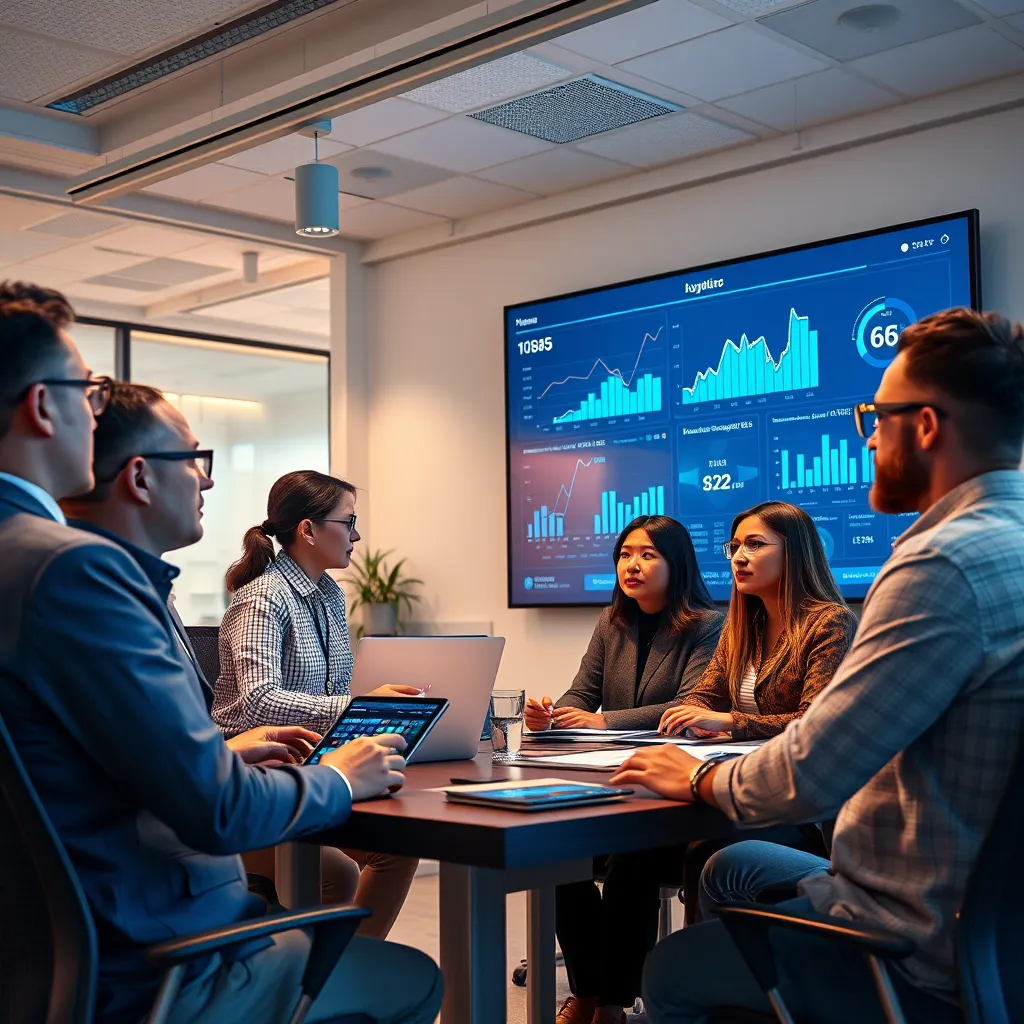 A modern office setting with diverse professionals collaborating with AI systems. Display a large screen showing analytics and charts, while a team engages with virtual assistants, symbolizing the synergy between human creativity and AI efficiency.