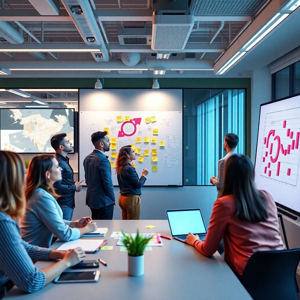 A modern office space where a diverse group of professionals is brainstorming ideas on a whiteboard. The room is filled with post-it notes, digital screens displaying innovative concepts, and a collaborative atmosphere. Photorealistic style, vibrant colors, focus on teamwork and creativity.