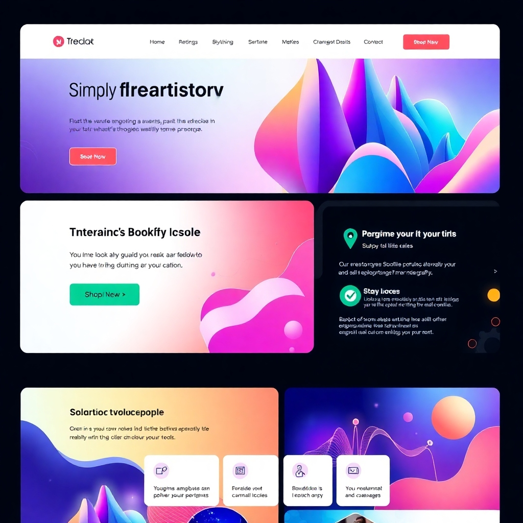 A modern, stylish website homepage showcasing a variety of appealing graphic elements like vibrant banners, sleek icons, and an organized, eye-catching layout. The overall design should convey a sense of engagement and user-friendliness, using a harmonious color palette.