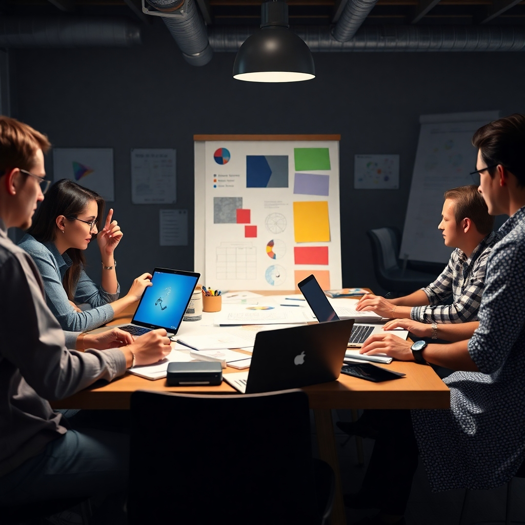 A photorealistic image featuring a brainstorming session among a diverse group of designers collaborating to create unique visual solutions. There should be sketches, mood boards, and laptops scattered on a table, depicting creativity and innovation.