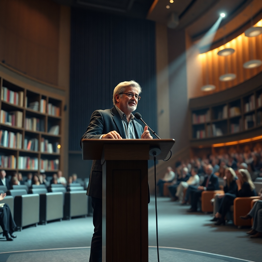 A photorealistic image of a charismatic speaker standing at a podium in a well-lit auditorium, passionately addressing an audience. The background should have bookshelves filled with books, highlighting the author's journey as a writer.
