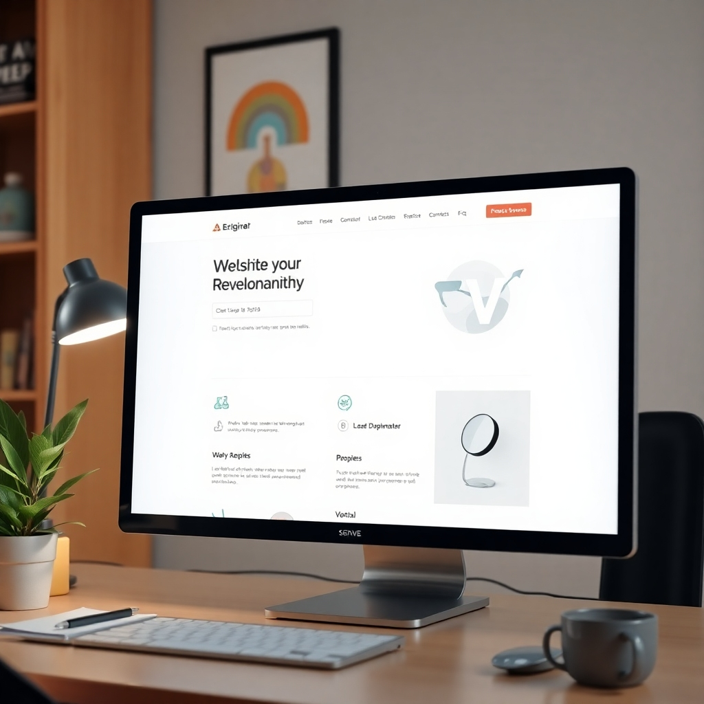 A photorealistic image of a clean and modern website interface displayed on a computer screen, showcasing simple navigation menus and clear call-to-action buttons. The background should include subtle elements like a workspace with a plant and a notepad, creating a pleasant atmosphere.