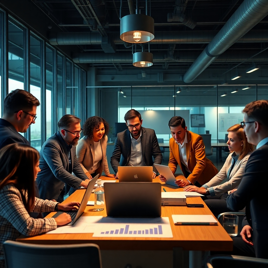 A photorealistic image of a diverse group of professionals in a modern office setting, actively collaborating around a table with charts and laptops. The scene conveys energy and teamwork, illustrating leadership dynamics with a strong focus on innovation and inclusivity.