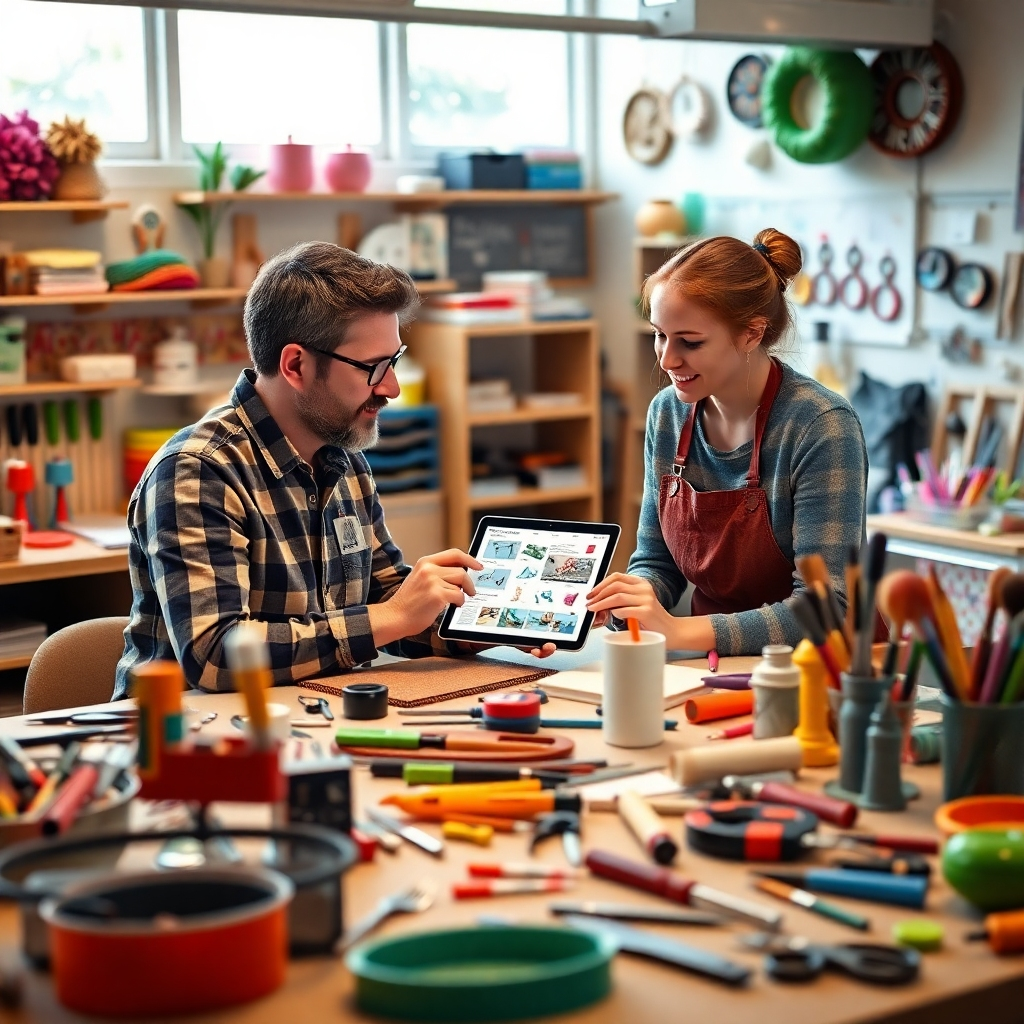 A photorealistic image of a DIY expert sitting with a person at a table covered with tools and materials. The expert is showing the person a step-by-step guide on a tablet, surrounded by colorful crafts and projects in a bright, inviting workspace.