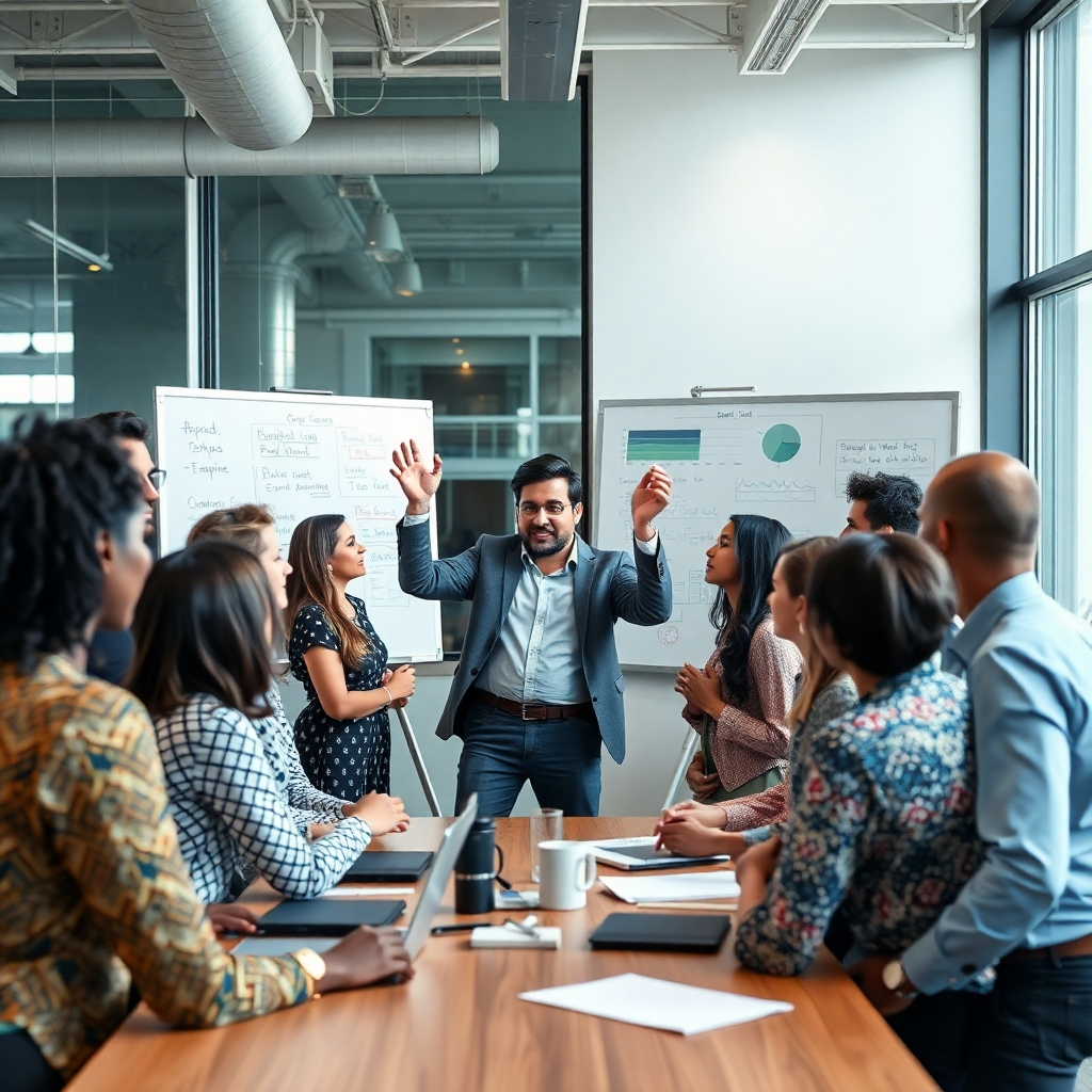 A photorealistic image of a diverse group of people in a modern office space, engaged in a dynamic brainstorming session. In the center, a leader passionately guiding the discussion, surrounded by whiteboards filled with ideas.