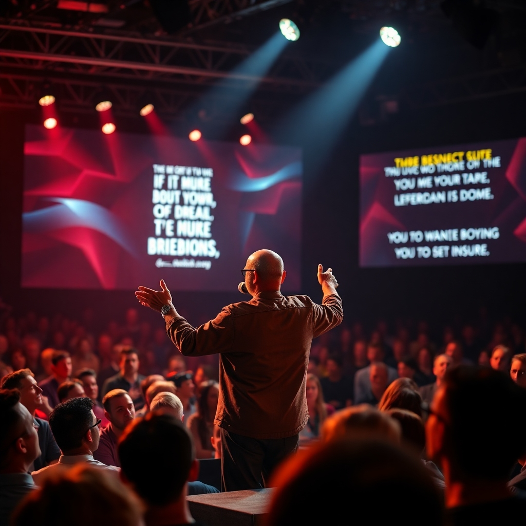 A photorealistic image of a dynamic speaker on stage, surrounded by an engaged audience, using expressive gestures and a microphone, with a backdrop showcasing inspirational quotes. The atmosphere is vibrant, with bright lights and an emotional connection between the speaker and the audience.