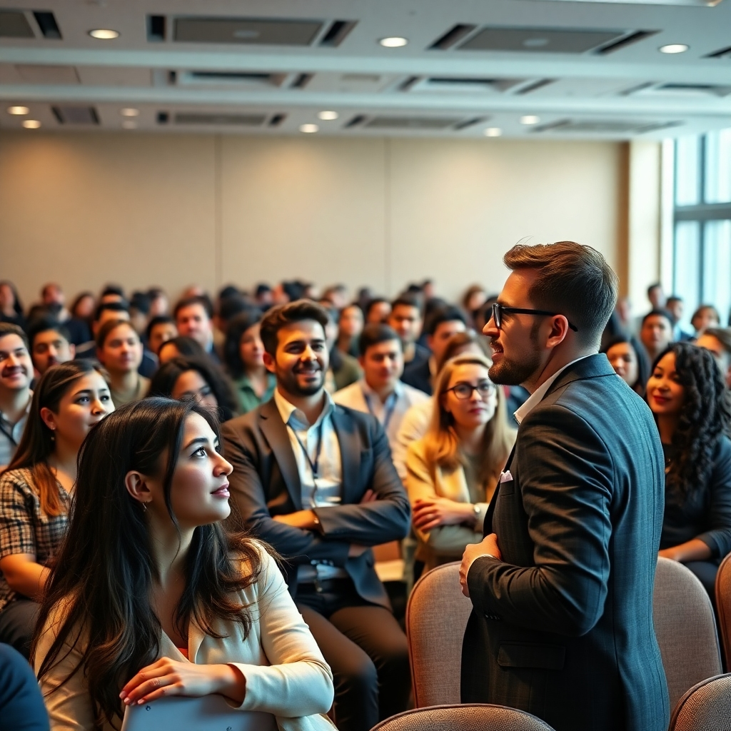 A photorealistic image of a dynamic seminar room filled with young entrepreneurs attentively listening to a charismatic speaker, with enthusiasm and engagement visible on their faces. The speaker, a man in a smart suit, embodies energy and inspiration.