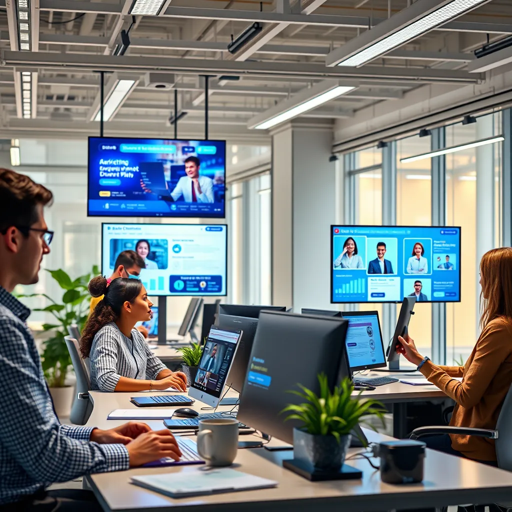 A photorealistic image of a modern office setting showcasing diverse employees collaborating with AI agents on screens. Include visuals of marketing campaigns and customer support interactions, highlighting the seamless integration of AI in daily tasks.