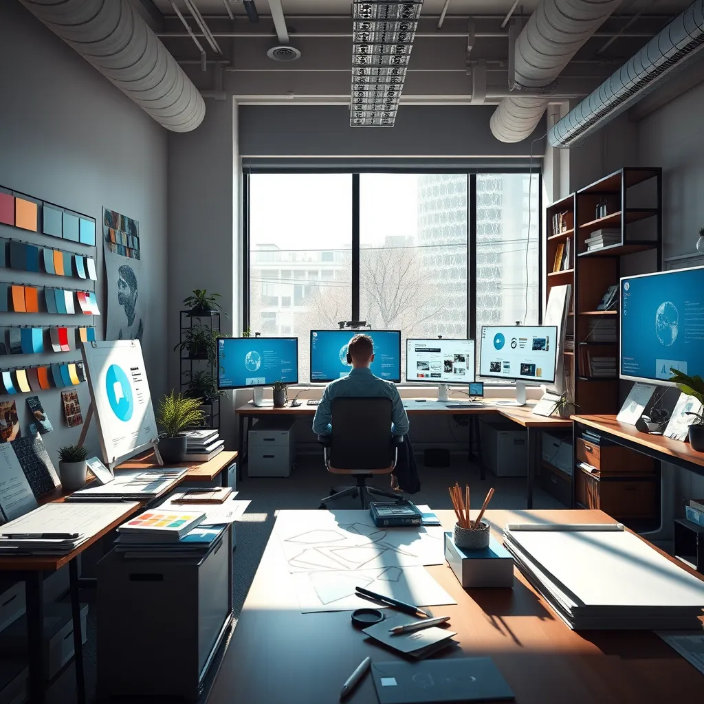 A photorealistic image of a modern office space with a designer working on a logo and branding materials. The room is filled with color swatches, sketches, and digital screens displaying graphic designs. Natural light floods the room, creating an inspiring atmosphere.