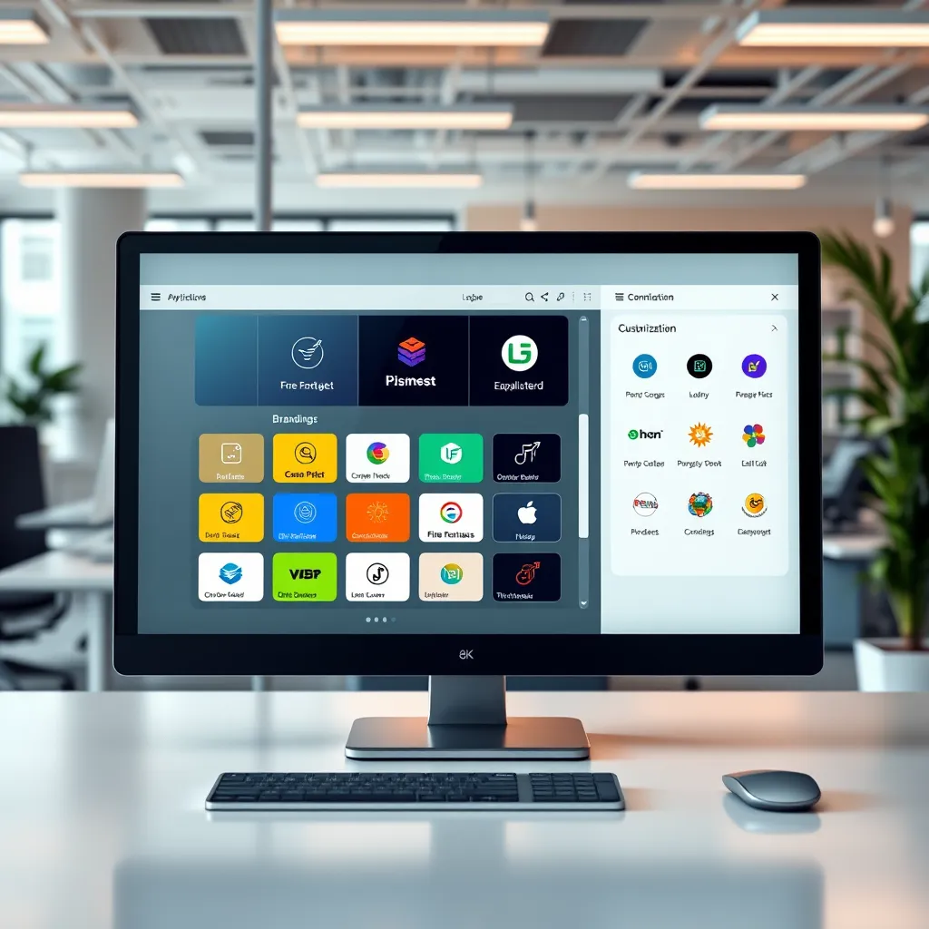 A photorealistic image of a modern office with a sleek computer desktop showing a customizable interface of a business platform. The screen displays various branding options like logos and color palettes. The background includes office decor and a focus on personalization.