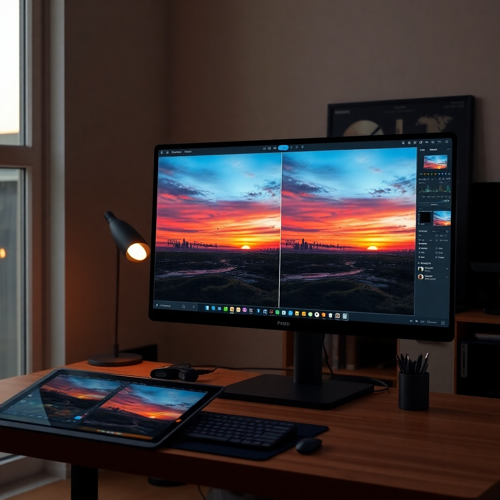 A photorealistic image of a photo editing workspace with a computer screen showing a before-and-after comparison of a sunset image, highlighting improved brightness, contrast, and saturation. The room is well-lit, showcasing editing tools like a graphics tablet and software applications.