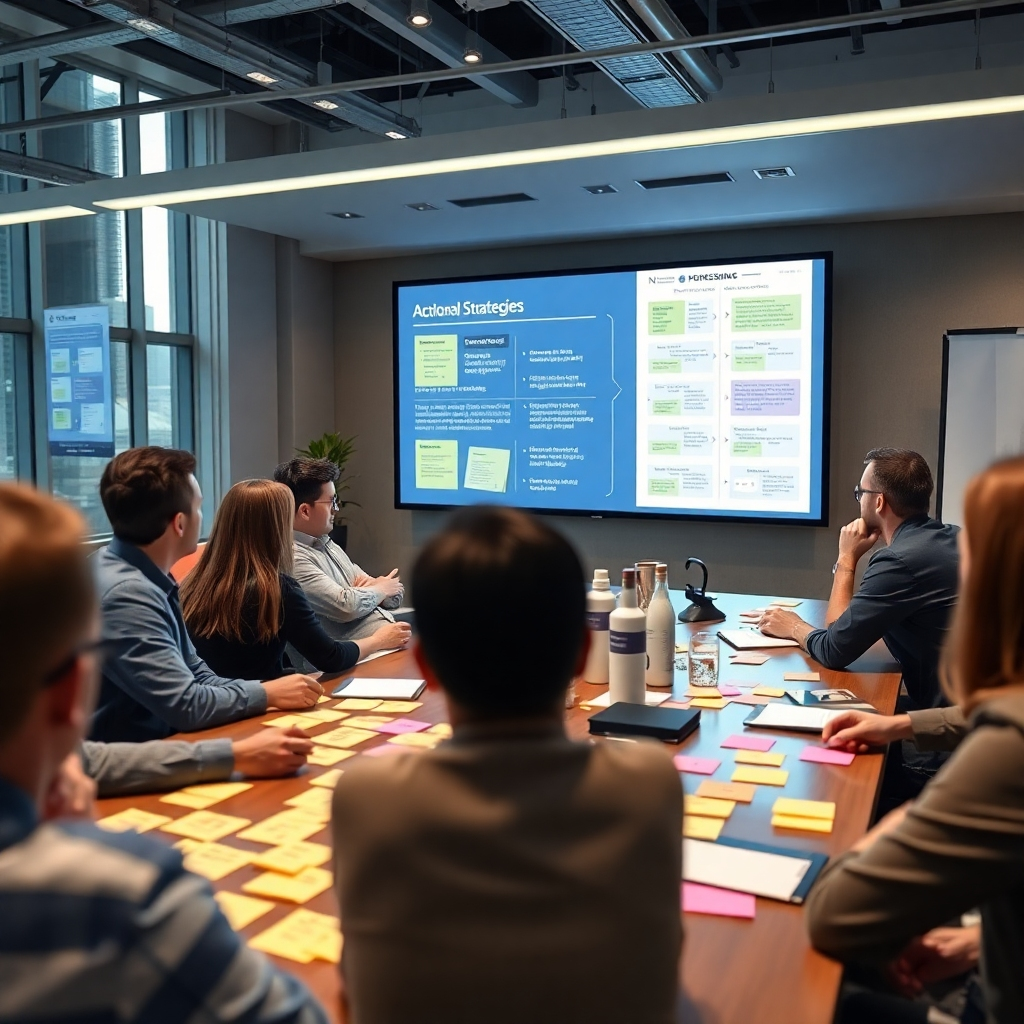 A photorealistic image of a professional workshop in progress, showing attendees working on projects, brainstorming on sticky notes, and a large screen displaying actionable strategies, emphasizing collaborative efforts to implement ideas.