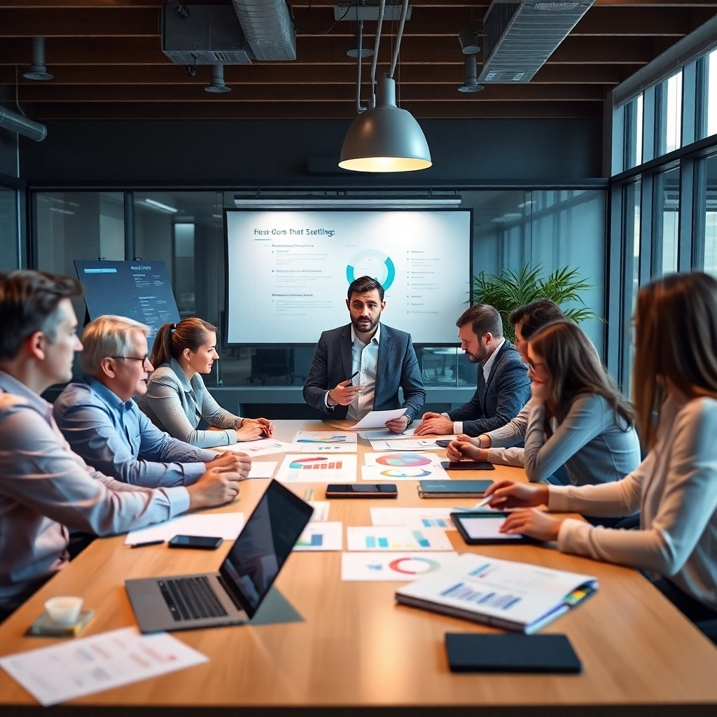 A photorealistic image of a professional office environment, showcasing a diverse team of marketers gathered around a large table with charts and digital devices, brainstorming marketing strategies, with a confident man leading the discussion, representing Seith Goddan's expertise.