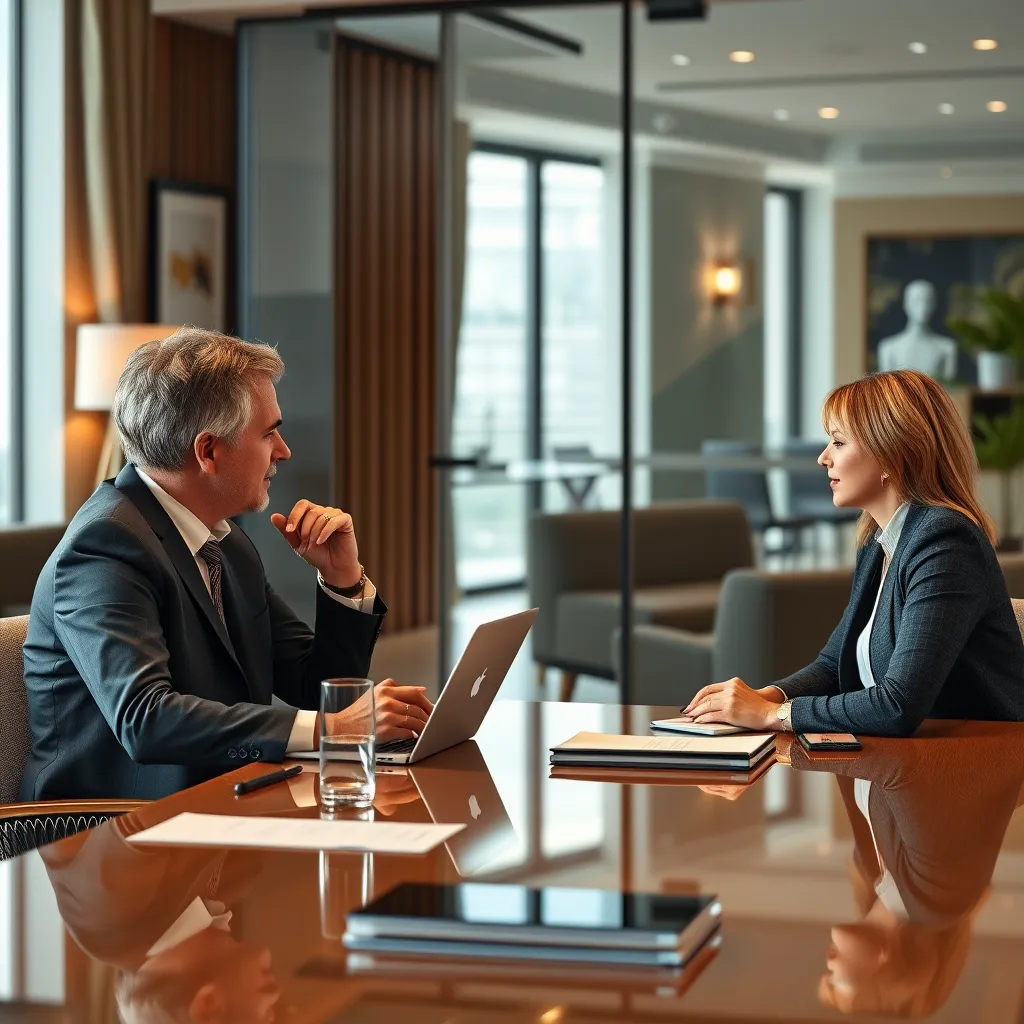 A photorealistic image of a stylish office meeting with a business leader showcasing a customized branding of AI solutions. Include visuals of highly personalized customer interactions, reflecting bespoke service and customer satisfaction.