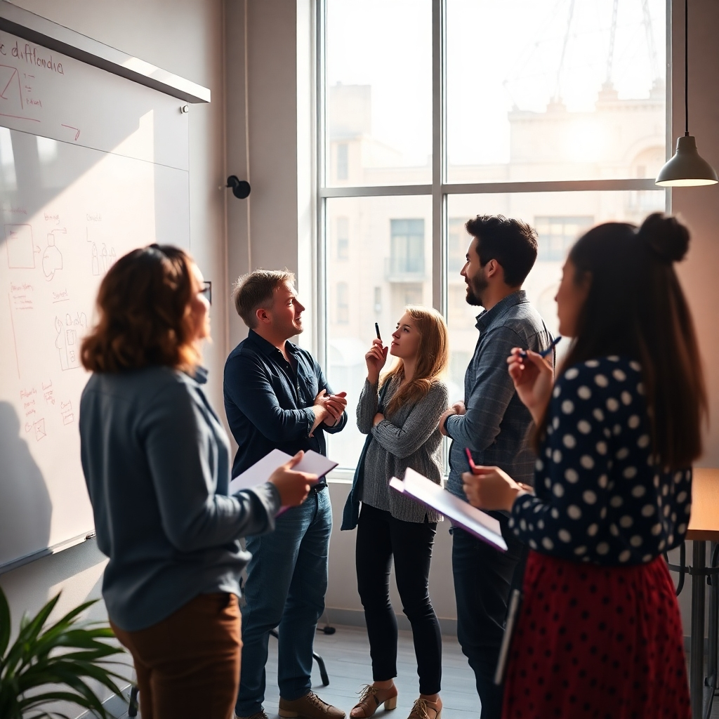 A photorealistic image showing a creative brainstorming session in a bright, contemporary workspace, with team members sketching ideas on a whiteboard and taking notes. The image encapsulates the transition from brainstorming to tangible action, filled with enthusiasm and creativity.