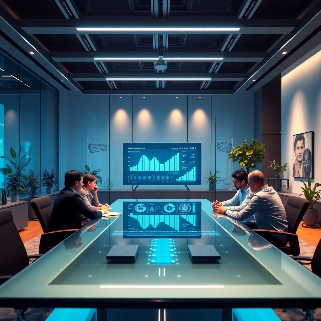A photorealistic scene showcasing a futuristic office environment where an AI system is analyzing data on a sleek, transparent screen. Soft diffused lighting creates a warm atmosphere, highlighting diverse employees working collaboratively around a high-tech conference table. The color palette includes calming blues and greens, evoking a sense of innovation and teamwork. The perspective is slightly elevated, offering a view of the entire room filled with advanced technology and holographic displays. Rich textures of glass and metal amplify the modern feel, while digital charts and graphs can be seen on the screen. Environmental elements include indoor plants enhancing the space, and the artwork on the walls reflects creativity. The style is reminiscent of a high-end corporate advertisement, captured in 8K resolution to ensure ultra-detailed visuals.