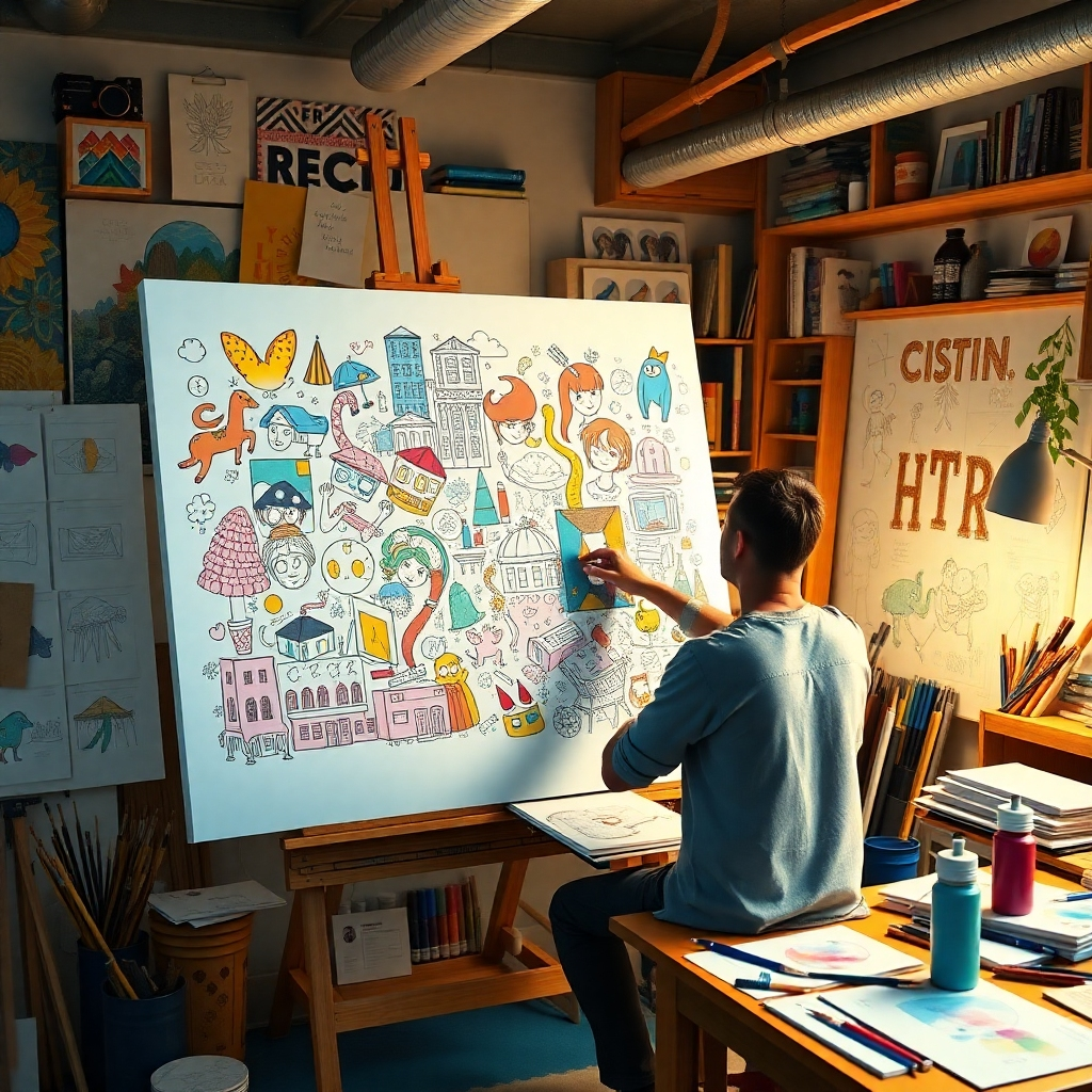 A photorealistic scene showing an illustrator working on a canvas filled with vibrant, detailed illustrations. The studio is bright and colorful, with sketches and paint supplies scattered around, showcasing creativity.