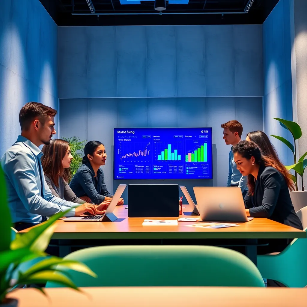 A photorealistic scene showing a modern office environment where a diverse group of professionals works together with AI technology. The center features a high-tech marketing dashboard displaying real-time analytics. Soft diffused lighting illuminates the room, enhancing a collaborative atmosphere. The color palette includes vibrant blues and greens to reflect innovation and growth. The camera angle is slightly elevated, capturing the team's engaged expressions as they discuss strategies. The texture of the walls is sleek and modern, complemented by stylish office furniture and plants that add a touch of nature. Props include laptops, digital tablets, and innovative marketing materials on the table. The overall mood is dynamic and forward-thinking, styled in the spirit of contemporary tech imagery. Capture this in 8K resolution, ensuring hyperrealistic details that bring the scene to life.
