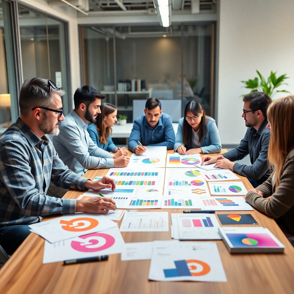 A professional branding strategy meeting, showcasing a diverse group of designers discussing brand values and visuals. Include charts, color palettes, and typography samples on the table, creating a collaborative atmosphere with a bright, modern office background.