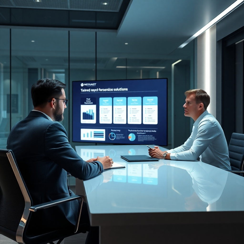 A professional consultant sitting at a sleek, modern desk with a client, discussing personalized solutions. Include a digital screen displaying tailored service packages and infographics illustrating the customization process.