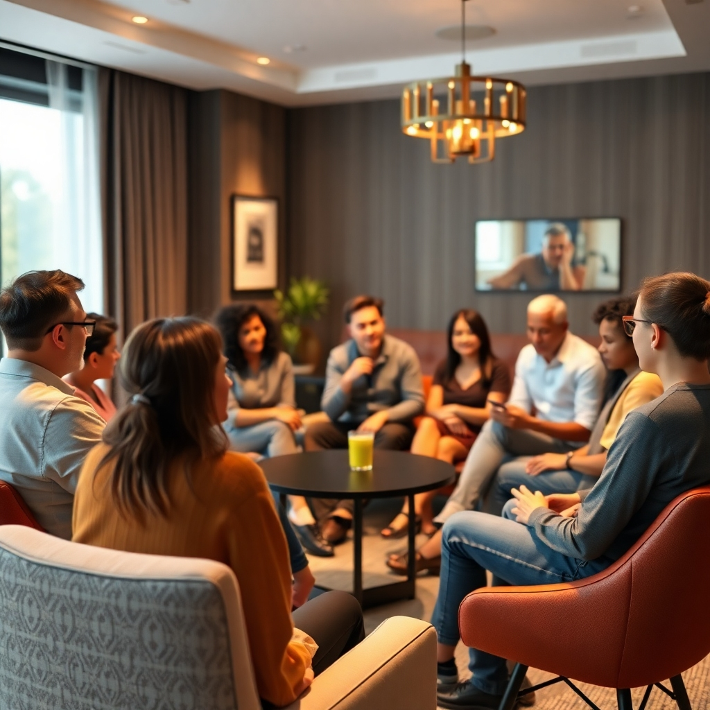 A realistic, photorealistic image of a lively group discussion in a comfortable, well-lit space, with people from various backgrounds seated in a circle, actively listening and exchanging ideas, conveying a sense of community.