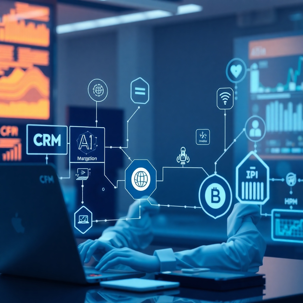 A seamless integration scene showing a virtual AI agent working alongside various software tools like CRM, marketing platforms, and HR management systems. Visualize smooth data flow and connectivity with lines and digital elements highlighting integration.