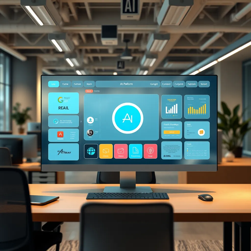 A sleek digital workspace showing a customizable AI platform interface that reflects a brand's unique identity. Include visual elements such as logos, color schemes, and user-friendly navigation tools, set against a backdrop of modern office aesthetics.
