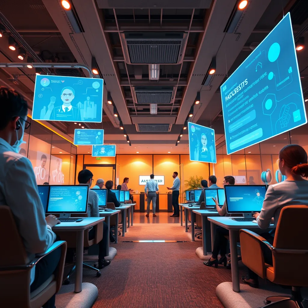 A sophisticated customer support center, featuring friendly AI assistants represented as holographic images interacting with clients. Bright, vivid lighting highlights the tech-driven environment filled with sleek workstations and screens showing customer queries. The color palette includes warm tones with a hint of blue for technology, creating an inviting yet professional mood. The perspective is in the center of the room, focusing on the interaction between holograms and real customers. Textural details include glass, metal, and soft fabric for seating. The setting is enhanced by soundproofing panels and digital interfaces. Captured in hyperrealistic style, 8K resolution, designed to emphasize technological efficiency and customer satisfaction.