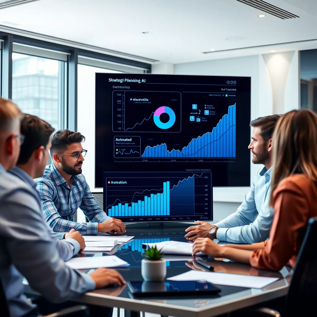 A strategic planning session in a bright conference room with a focus on growth charts and AI tools. Team members are engaged in discussion, with a digital display of graphs showing increasing trends and automated workflows.