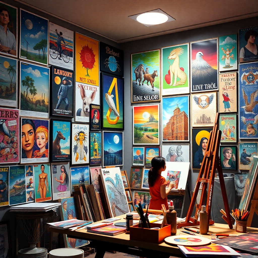 A striking, photorealistic image of a gallery wall filled with captivating posters and illustrations, showcasing various artistic styles and vibrant colors. Include the artist working on a new piece, surrounded by art supplies and inspiration boards.