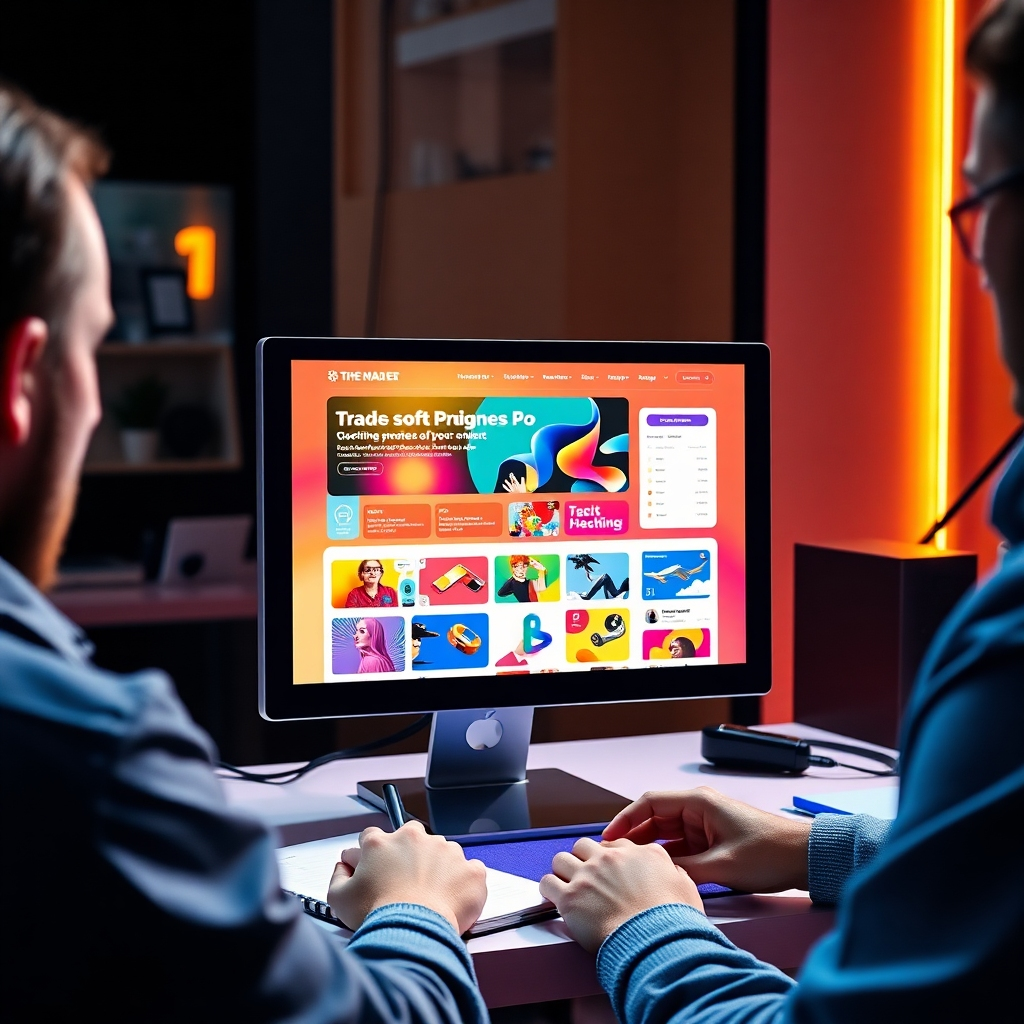 A stunning, photorealistic image of a computer screen displaying a colorful and modern website layout. The design should feature dynamic graphics, interactive elements, and a clean user interface, with a designer reviewing the layout on a notepad.