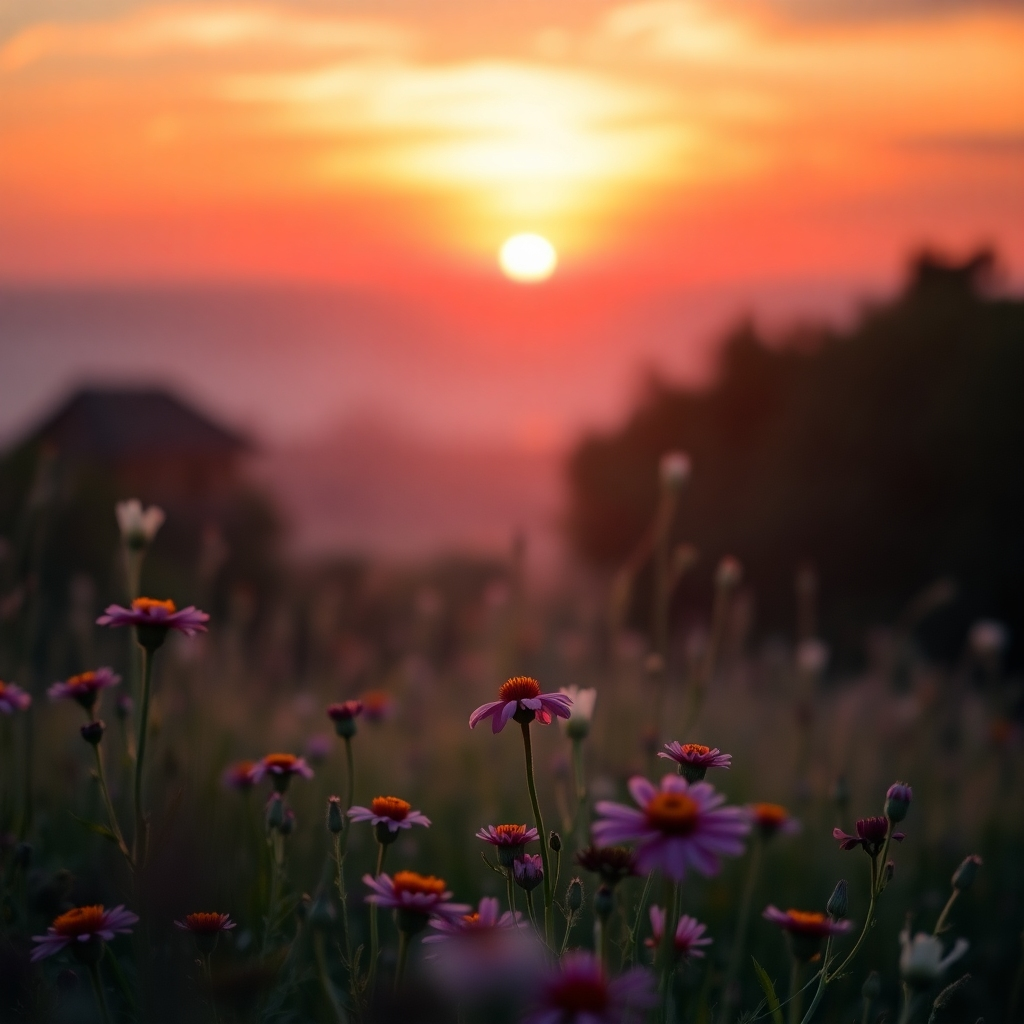 A stunning photorealistic image that showcases a beautifully edited photograph of a landscape with dramatic depth of field and artistic filters applied. The foreground is sharp with flowers, while the background fades softly into a dreamy, colorful sunset.