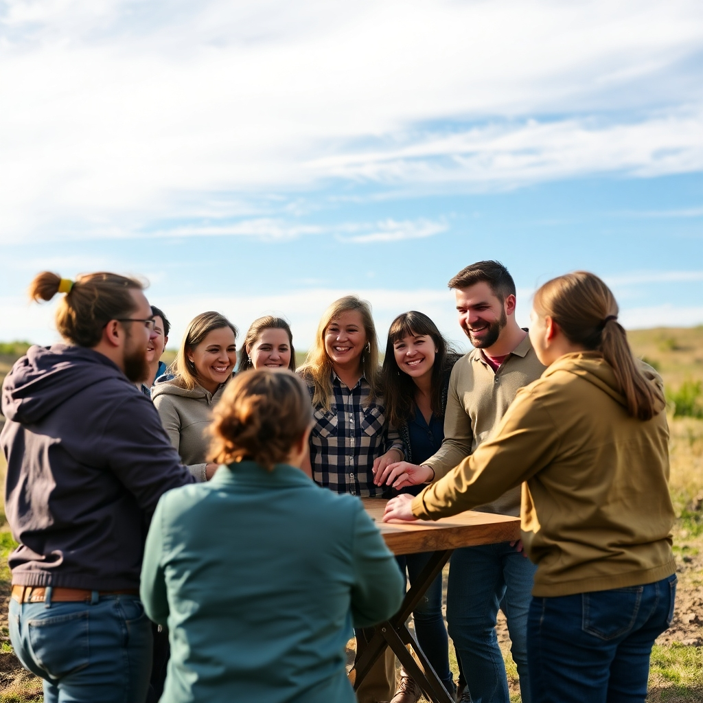 A team building outdoor workshop, with participants engaged in a group activity that encourages bonding. Everyone is smiling and laughing, showcasing teamwork and camaraderie, surrounded by nature with a clear sky.