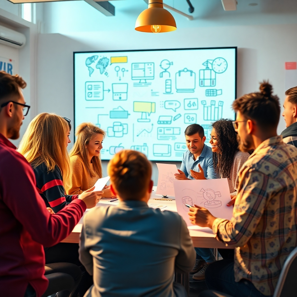 A vibrant and colorful brainstorming session with diverse creative individuals collaborating, surrounded by sketches and prototypes of innovative ideas. The atmosphere is energetic and dynamic, showcasing a large screen displaying brainstorming concepts.