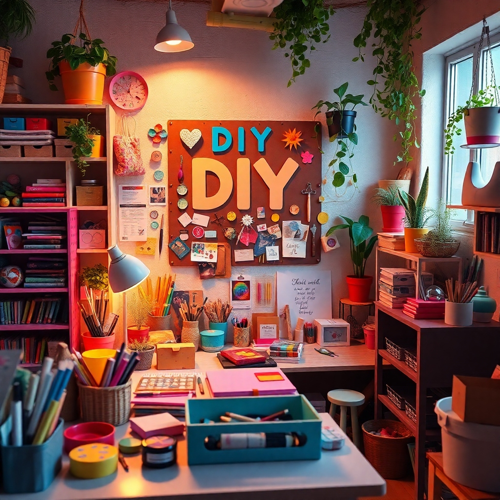 A vibrant and colorful scene of a personalized DIY workspace filled with various handmade crafts and art supplies. There is a vision board on the wall showcasing unique DIY inspirations, with plants and soft lighting creating a cozy atmosphere.