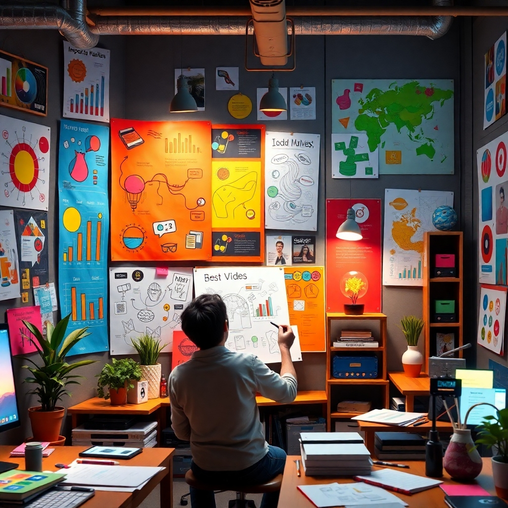 A vibrant and creative workspace filled with colorful posters and visual art, showcasing innovative ideas and services. Include a person brainstorming ideas with sketches and digital tools, surrounded by engaging graphics that inspire creativity and collaboration.