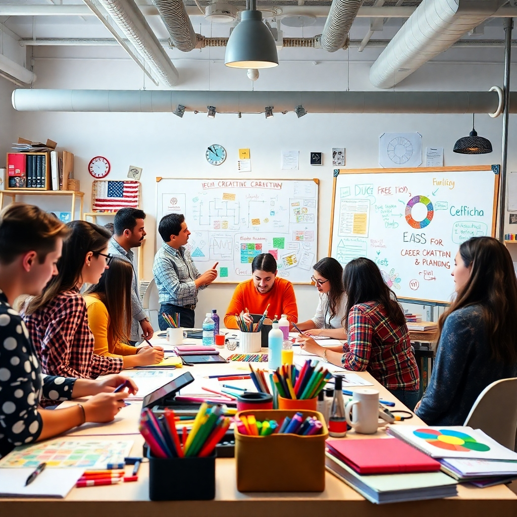 A vibrant and dynamic workspace filled with diverse participants collaborating on creative projects. The scene should include colorful art supplies, digital tools, and a whiteboard filled with ideas. People should be actively engaged, sharing their thoughts in a friendly, cooperative atmosphere.